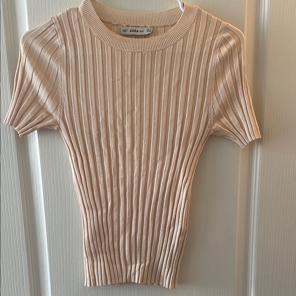 Zara Tan Ribbed Fitted Short Sleeve T-Shirt